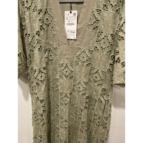 New Zara Women's Embroidered Lace Oversized Dress Kaftan Sage Green Small - Picture 4 of 8